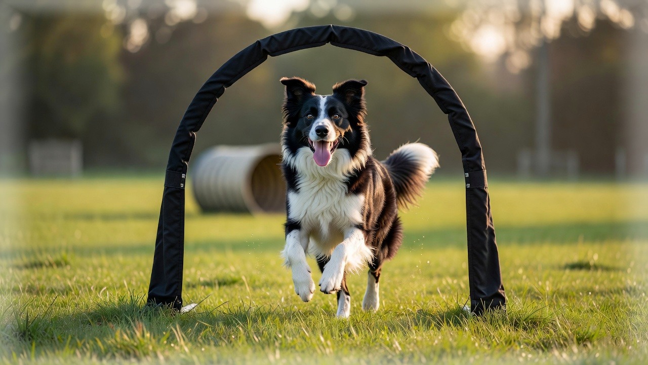 Border collie przechodzący przez przeszkodę Hoopers
