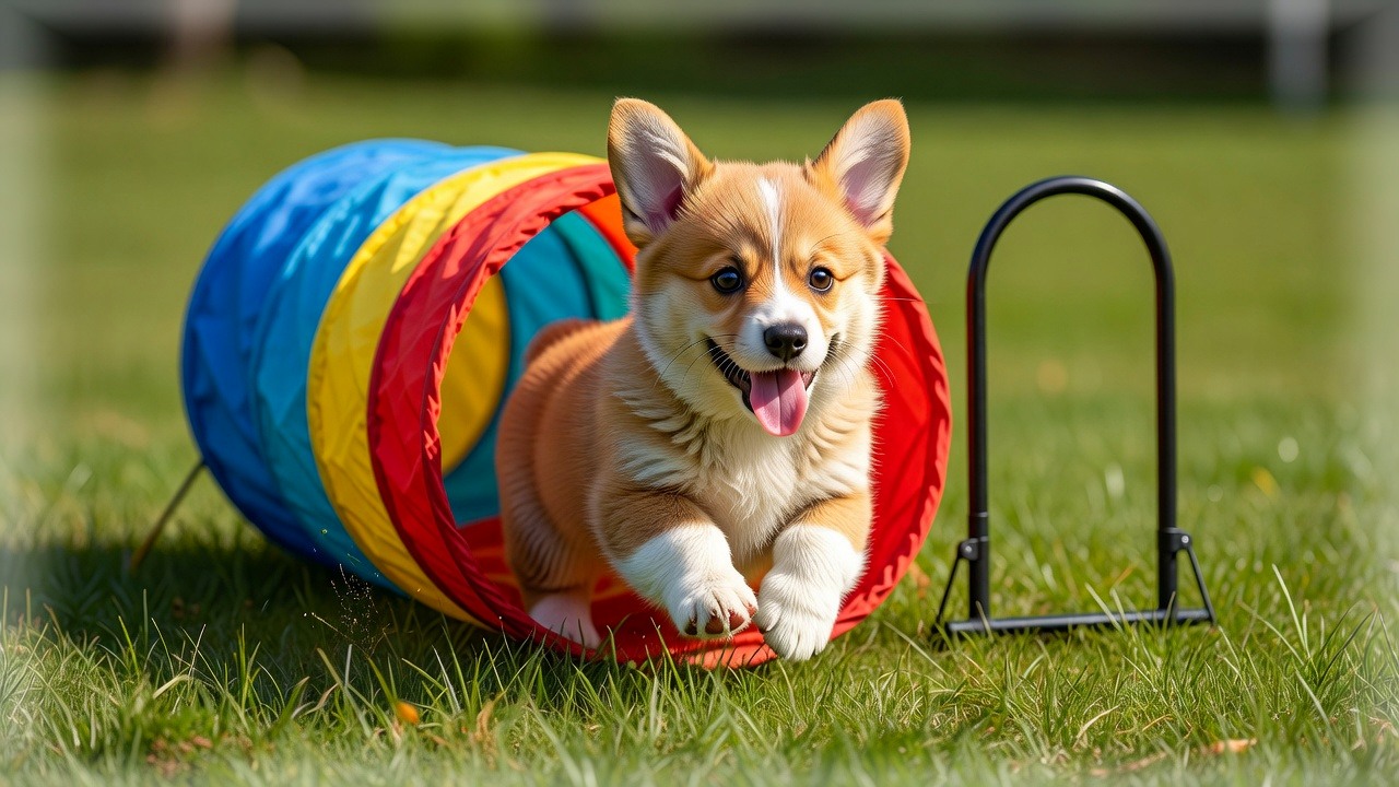 Szczeniak corgi przechodzący przez hoopers