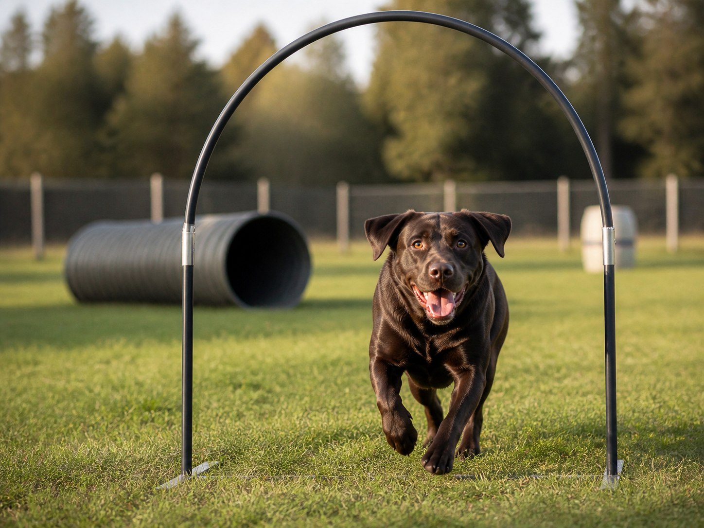 Czekoladowy labrador biegnący przez bramkę Hoopers na trawiastym placu treningowym